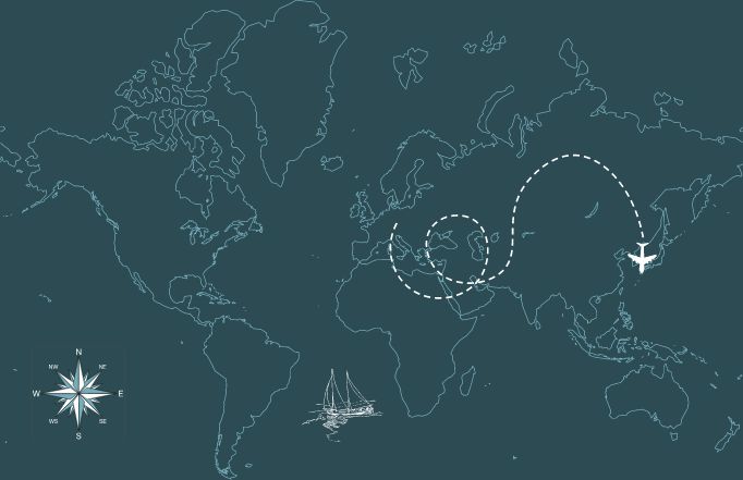 Carte du monde avec un bateau, un avion et une boussole