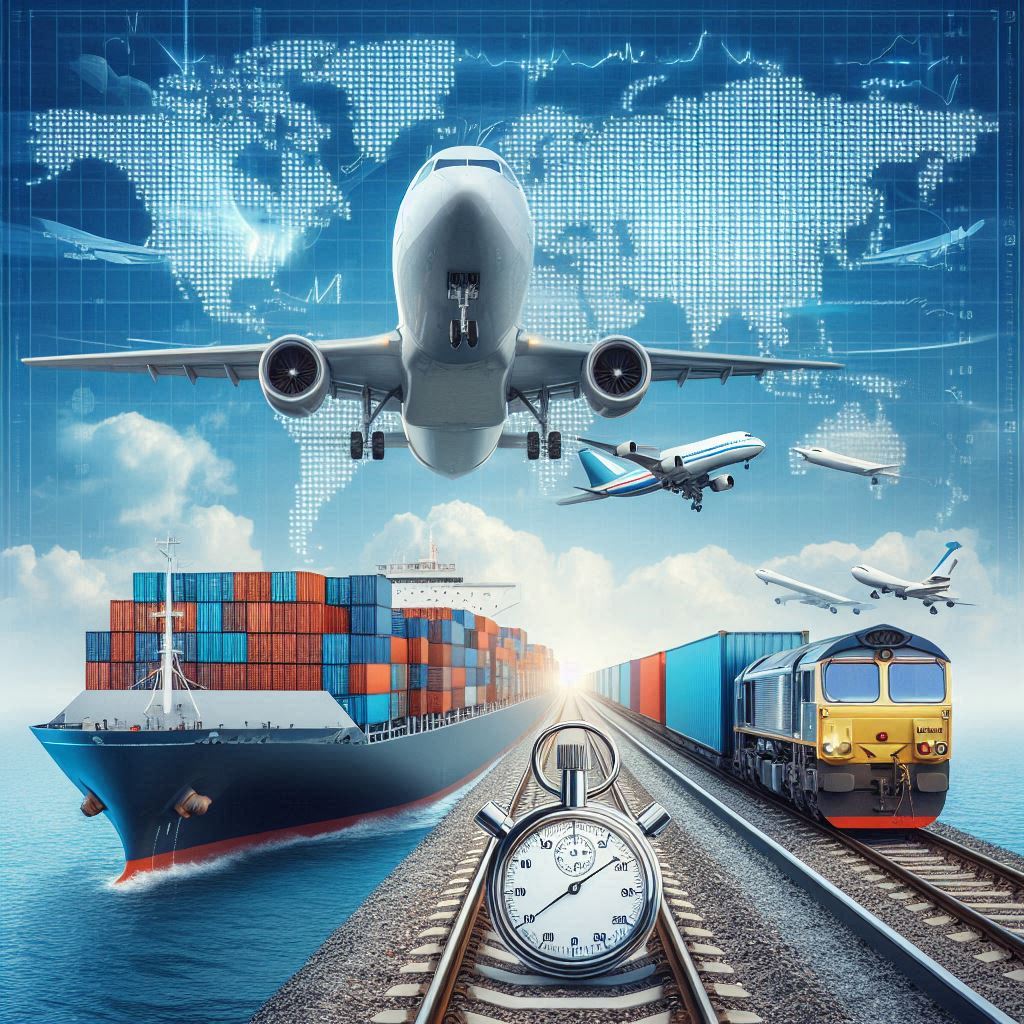 À propos de mon parcours : Un avion, un train et un porte containers avec un chronomètre pour représenter la gestion des urgences à l'international.